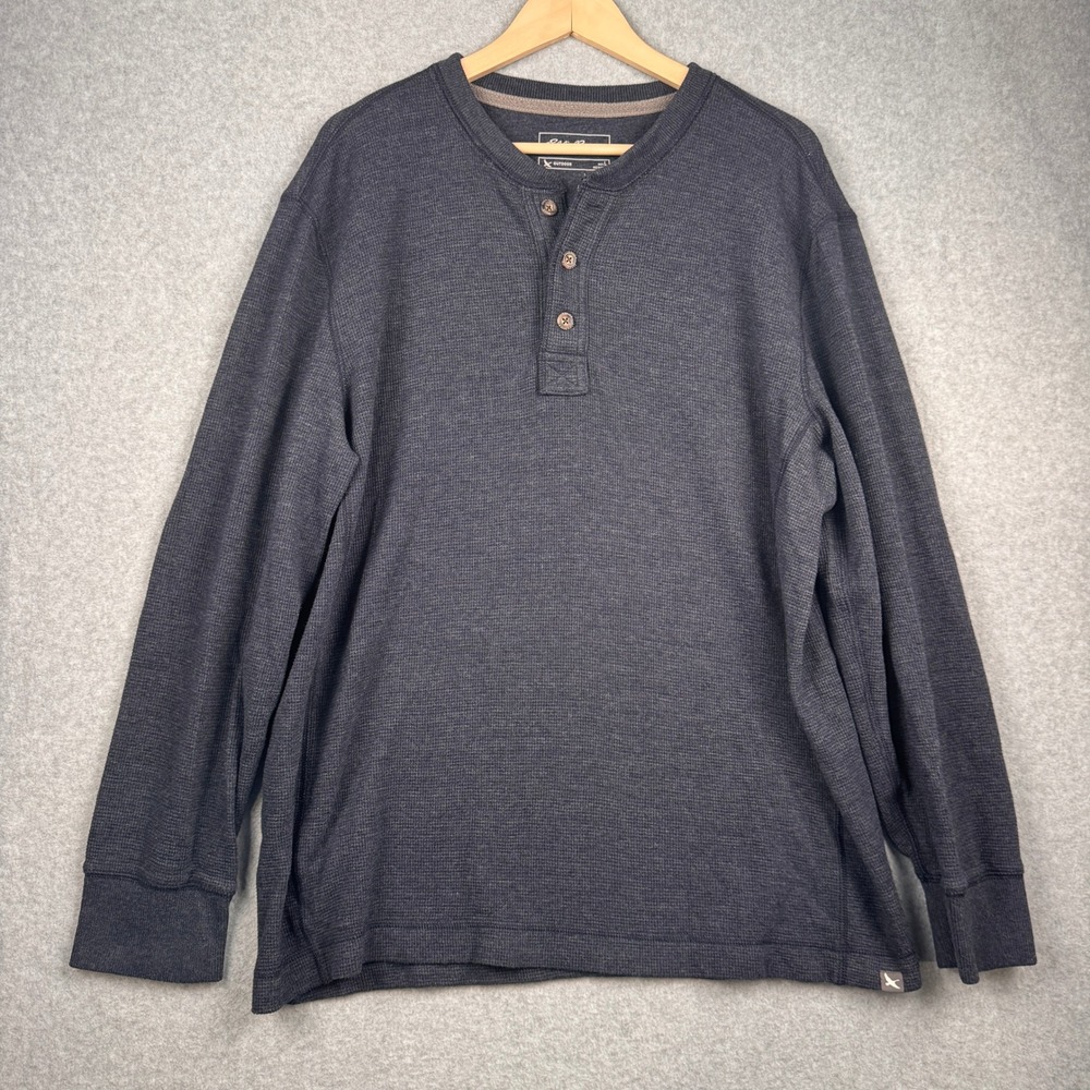 Eddie Bauer Henley Shirt Mens Large Blue Gray Long Sleeve Waffle Knit Thermal